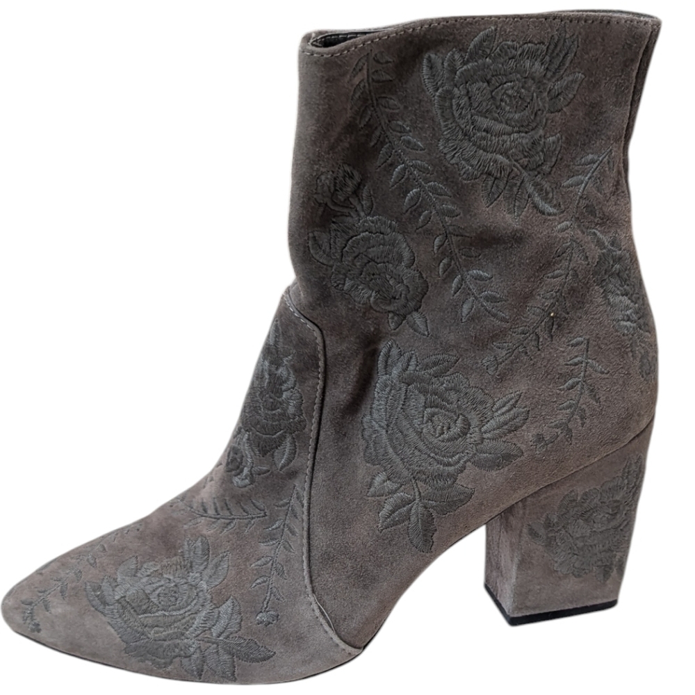 Silent D, Mamet,Gray/Green Floral Suede Block Heel Pointy Toe Booties.41(9.5-10)